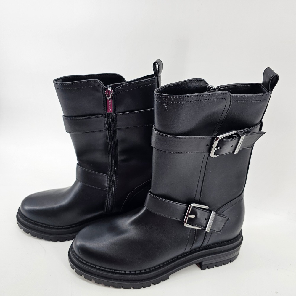 Calvin Klein Galivan Moto Boots Women 6.5 Black Buckle Strap Lug Sole NWOB